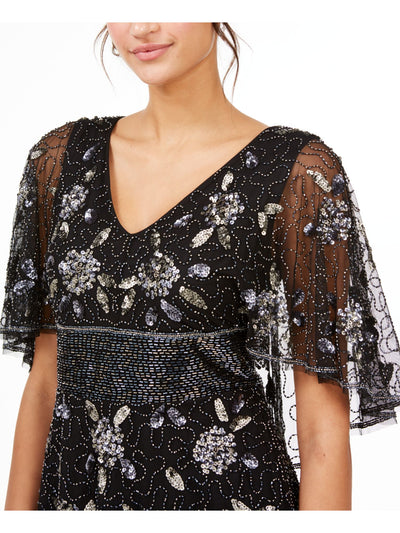 ADRIANNA PAPELL Womens Black Embellished Flutter Capelet Sleeves V Neck Evening Top 0