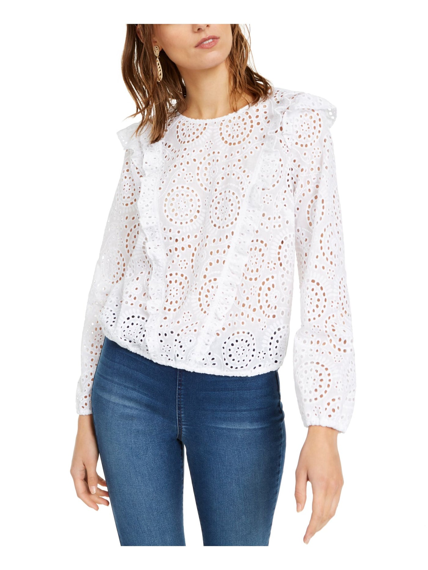INC Womens White Lace Patterned Long Sleeve Crew Neck Blouse XS