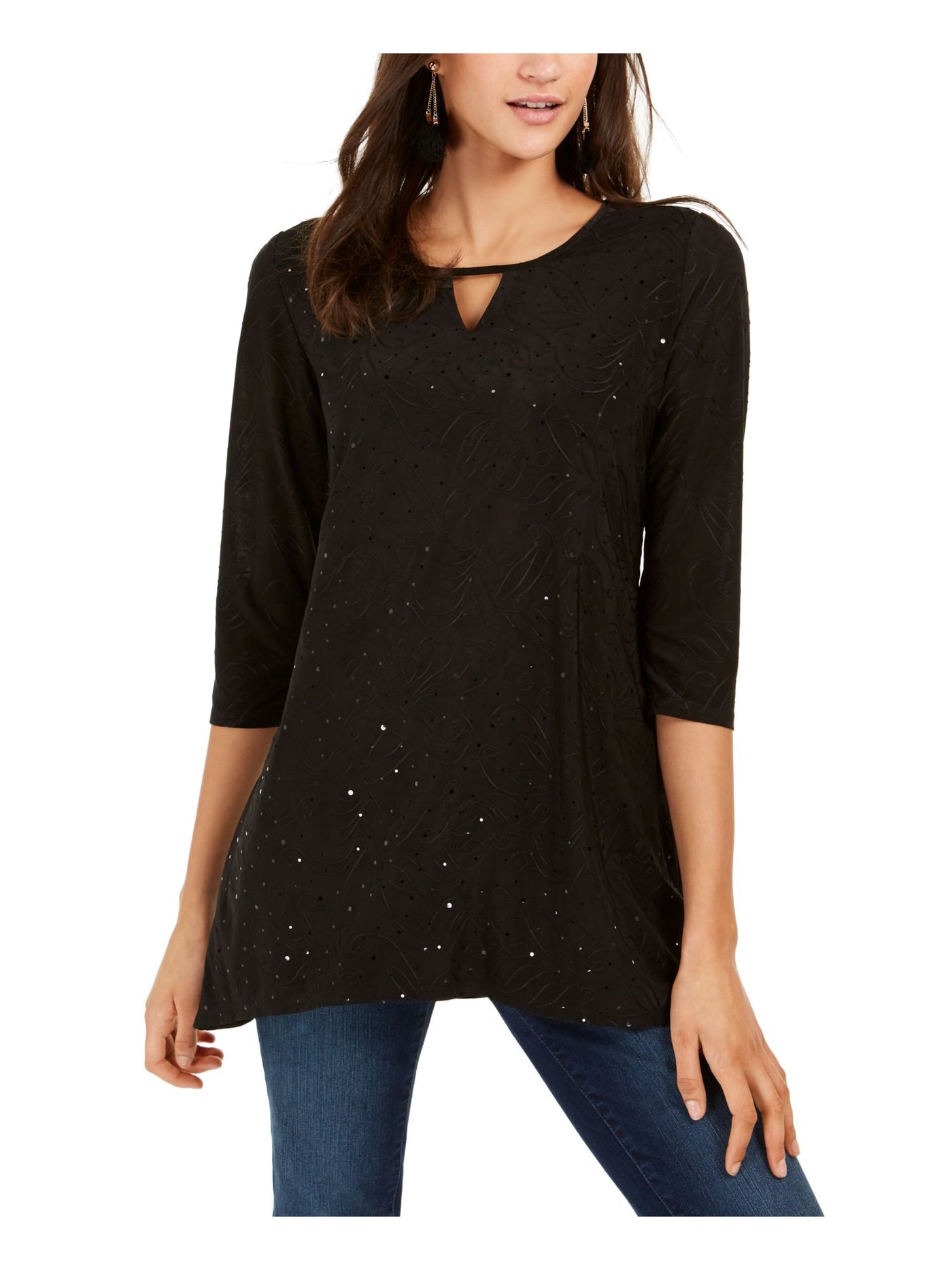 NY COLLECTION Womens Black Embroidered Sequined 3/4 Sleeve Keyhole Handkerchief Top Petites PS