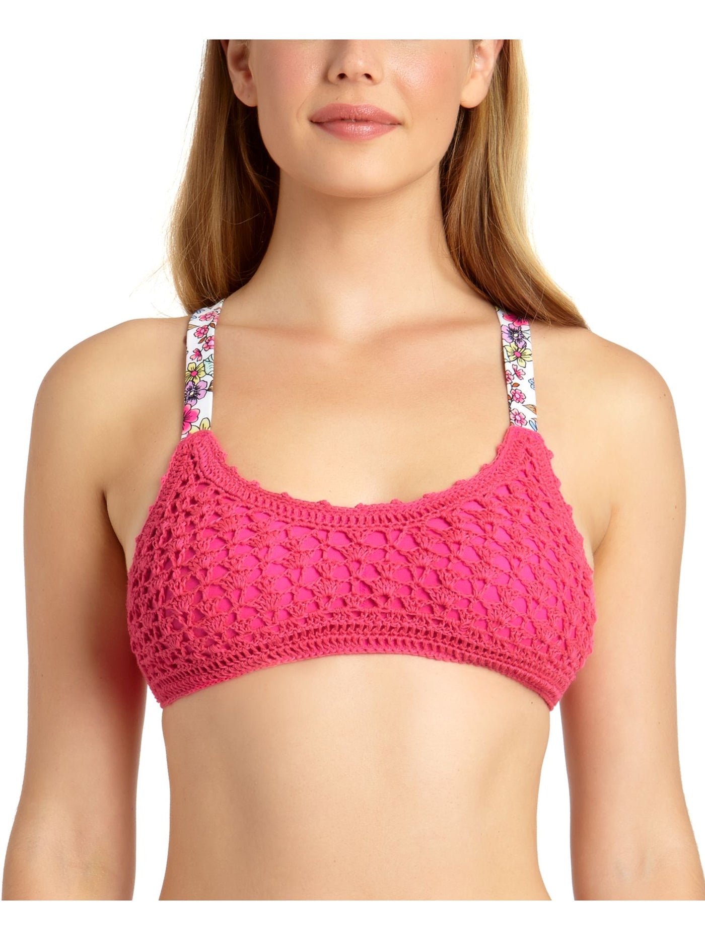 California Waves Women's Pink Color Block Stretch Removable Cups Lined Crochet Tie Bralette Swimsuit Top L