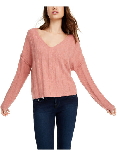 PINK ROSE Womens Coral Heather Ribbed Raw-Hem V Neck Sweater S
