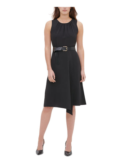 CALVIN KLEIN Womens Black Zippered Belted Sleeveless Scoop Neck Knee Length Evening Circle Dress 2