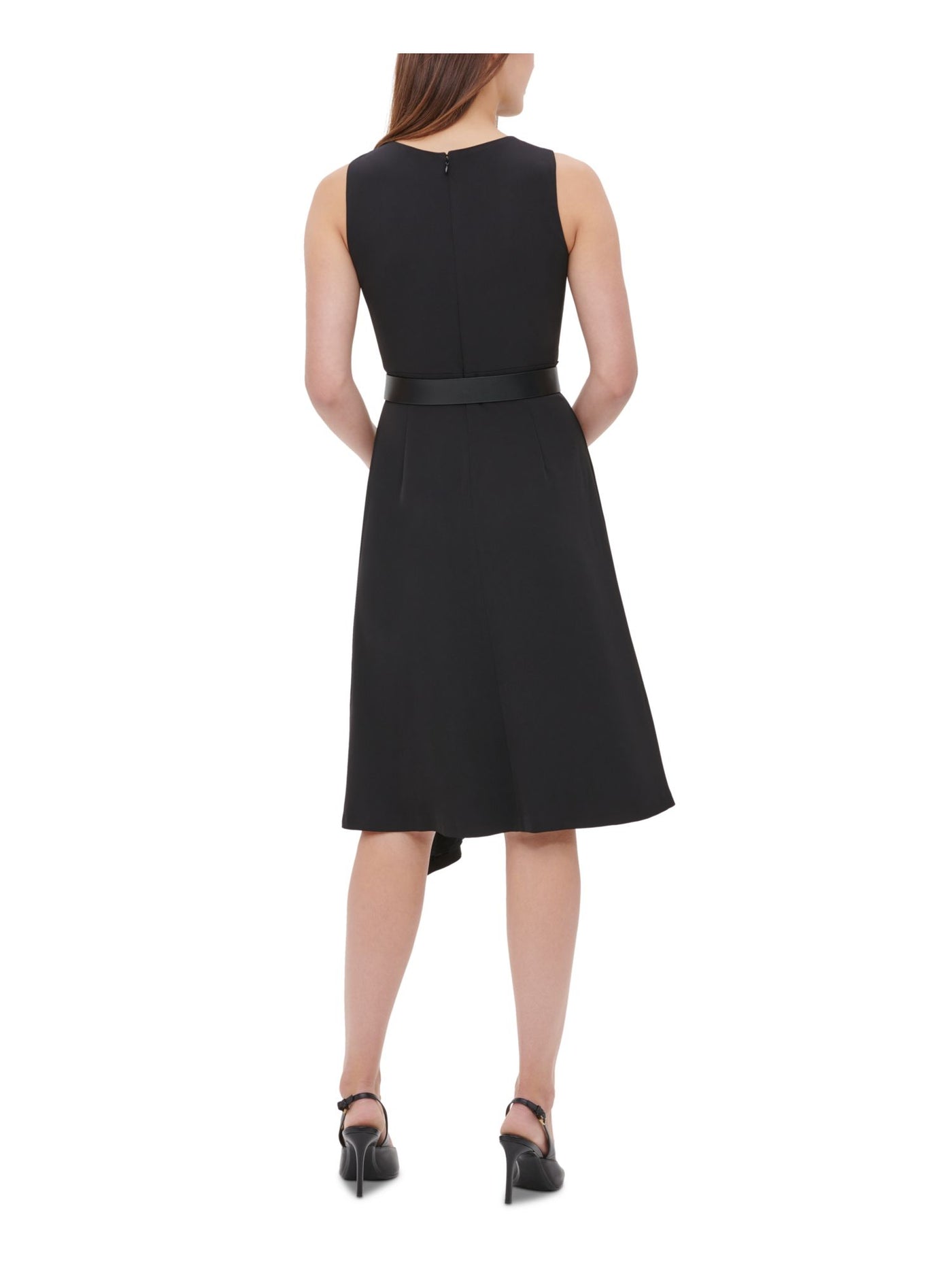 CALVIN KLEIN Womens Black Zippered Belted Sleeveless Scoop Neck Knee Length Evening Circle Dress 2