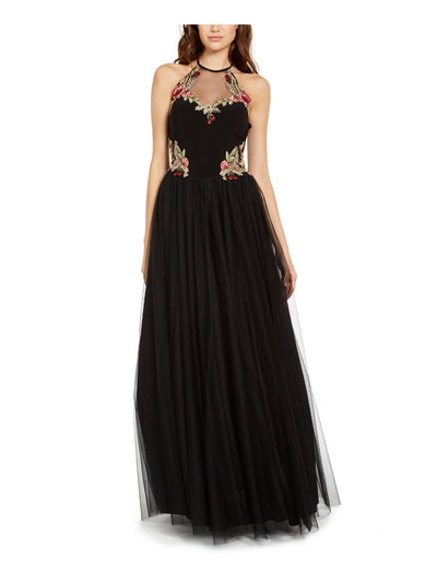 BLONDIE NITES Womens Black Sheer Floral Sleeveless Illusion Neckline Full-Length Formal Fit + Flare Dress Juniors 7