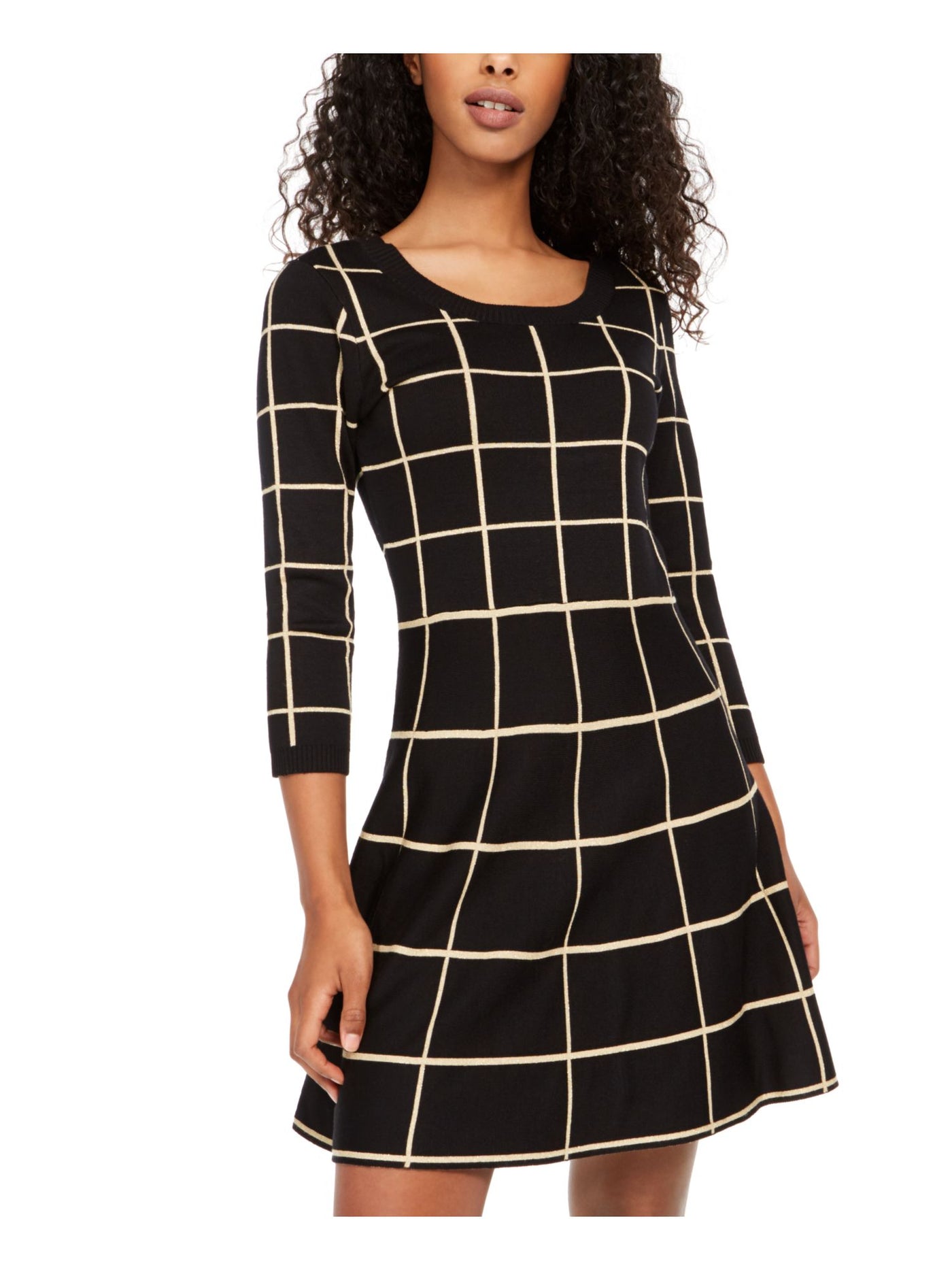 MY MICHELLE Womens Black Check 3/4 Sleeve Jewel Neck Short Fit + Flare Dress Juniors XS