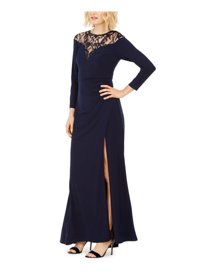 ADRIANNA PAPELL Womens Navy Stretch Ruched Slitted 3/4 Sleeve Illusion Neckline Full-Length Evening Fit + Flare Dress 0