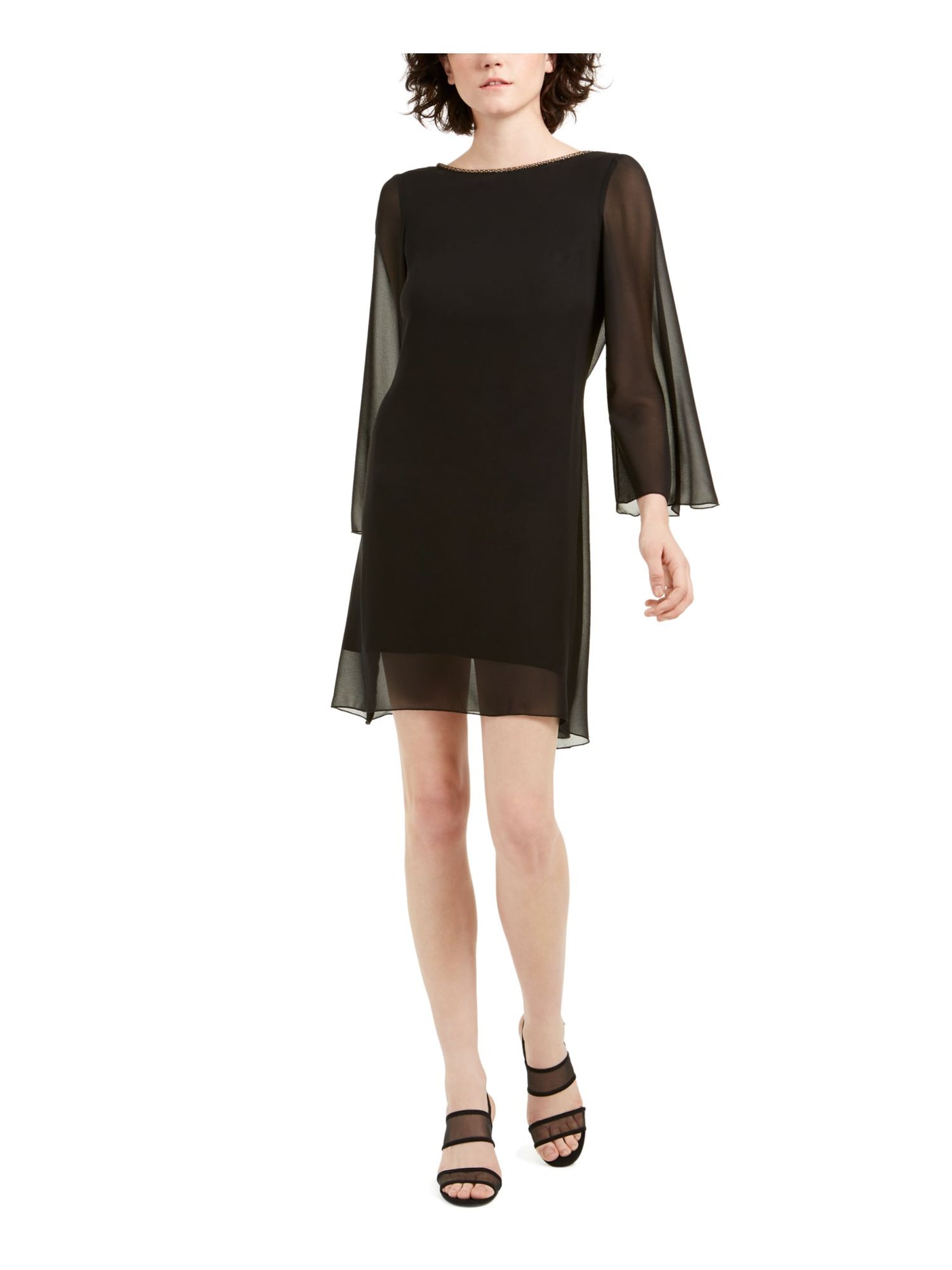 SHO Womens Black Embellished Sheer Bell Sleeve Jewel Neck Short Evening Shift Dress 6