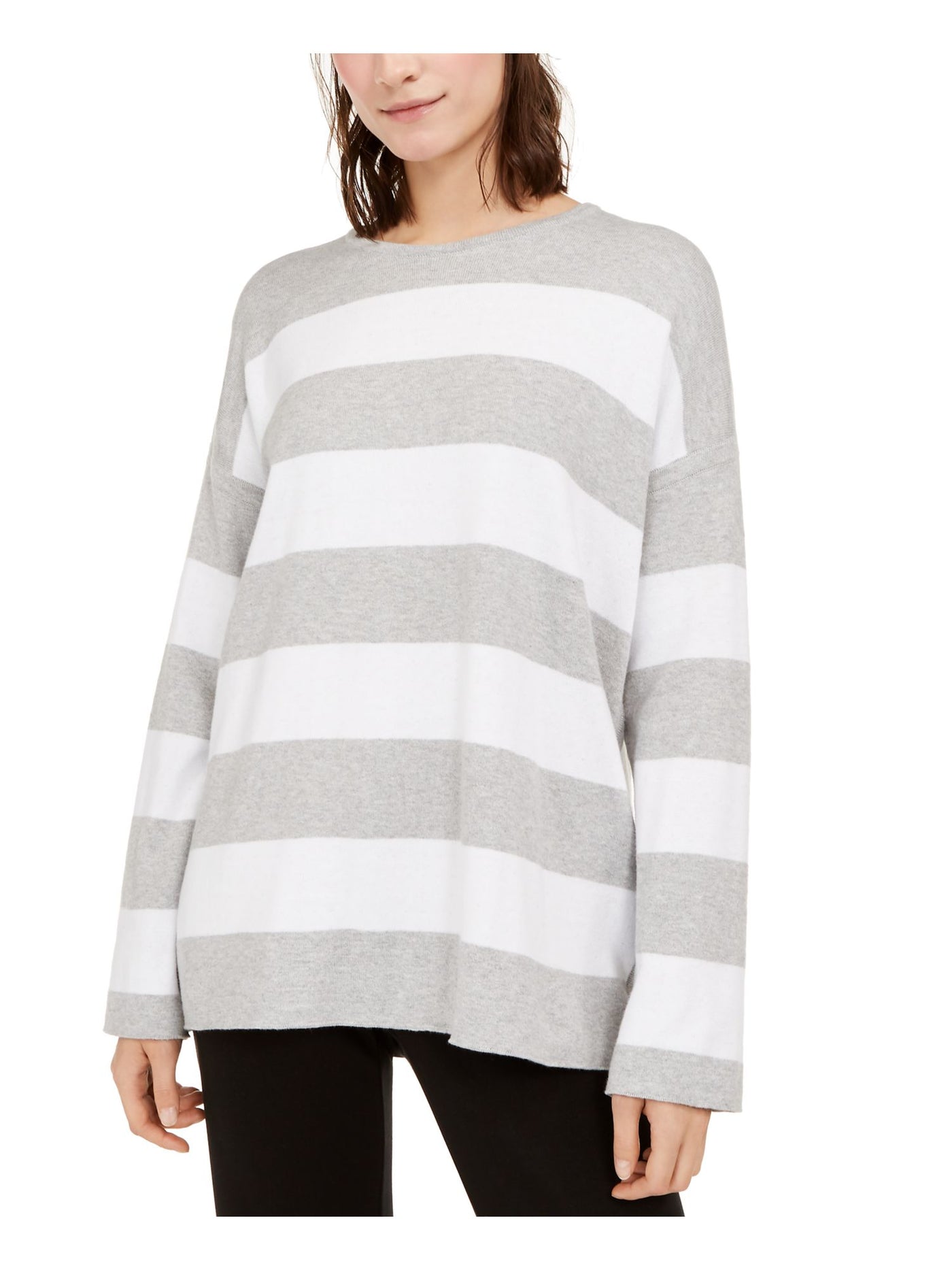 EILEEN FISHER Womens Gray Ribbed Drop Shoulders Striped Long Sleeve Round Neck Sweater S