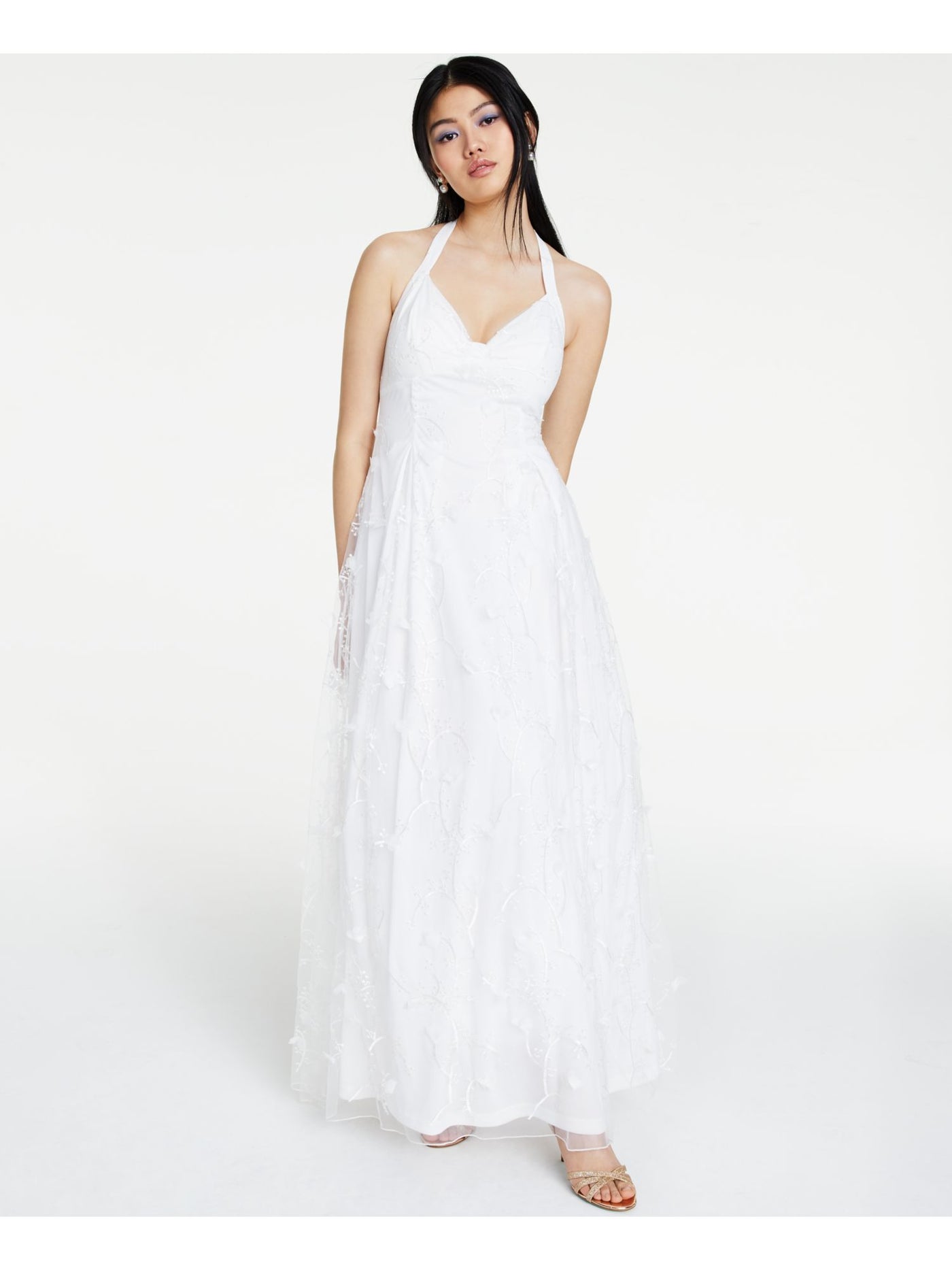 JUMP APPAREL Womens White Sheer Floral Sleeveless Halter Full-Length Formal Fit + Flare Dress Juniors 3\4