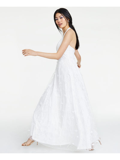 JUMP APPAREL Womens White Sheer Floral Sleeveless Halter Full-Length Formal Fit + Flare Dress Juniors 3\4
