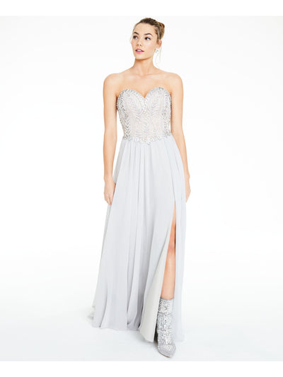 Glamour Womens Gray Embellished Slitted Spaghetti Strap Sweetheart Neckline Full-Length Formal Fit + Flare Dress 0