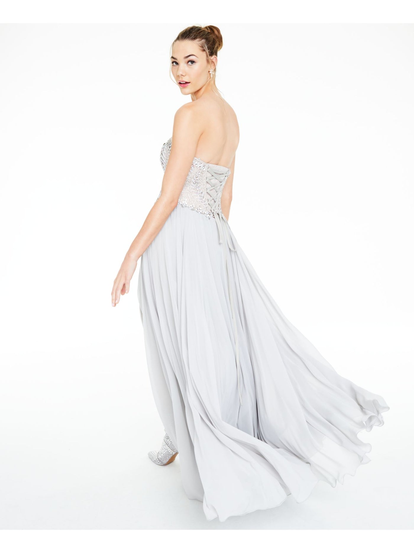 Glamour Womens Gray Embellished Slitted Spaghetti Strap Sweetheart Neckline Full-Length Formal Fit + Flare Dress 0