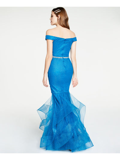 Glamour Womens Blue Glitter Embellished Pleated Zippered Cap Sleeve Off Shoulder Full-Length Prom Mermaid Dress 4