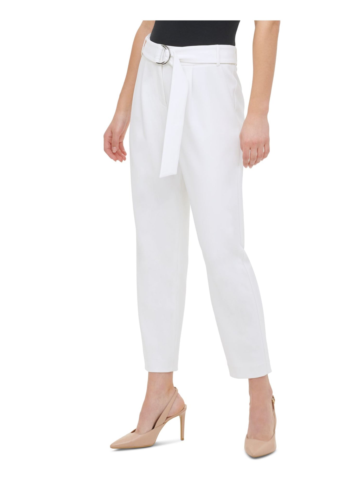 CALVIN KLEIN Womens White Belted Wear To Work Straight leg Pants 10