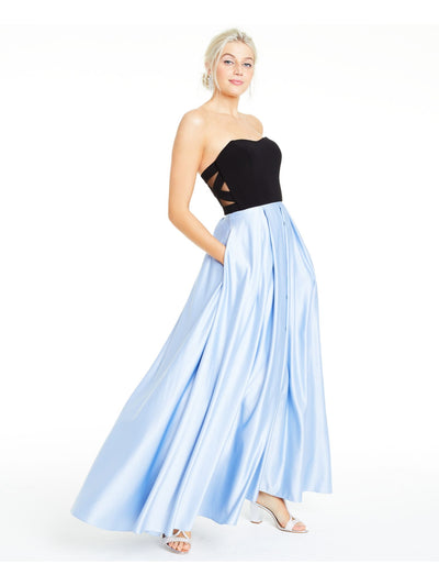 BLONDIE NITES Womens Light Blue Color Block Off Shoulder Full-Length Formal Fit + Flare Dress Juniors 7