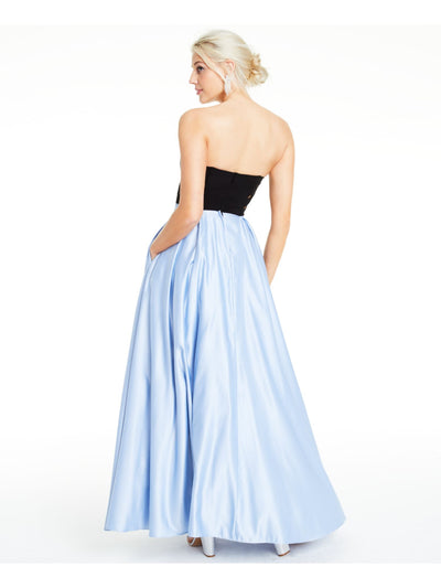 BLONDIE NITES Womens Light Blue Color Block Off Shoulder Full-Length Formal Fit + Flare Dress Juniors 7
