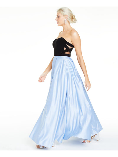 BLONDIE Womens Light Blue Zippered Color Block Strapless Full-Length Party Fit + Flare Dress Juniors 9