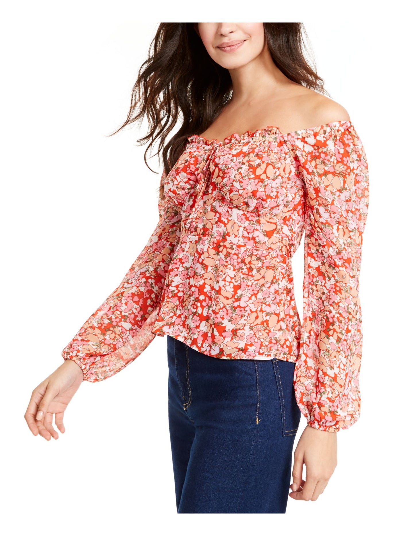 Q+A Los Angeles Womens Red Ruffled Tie Floral Long Sleeve Off Shoulder Top XS