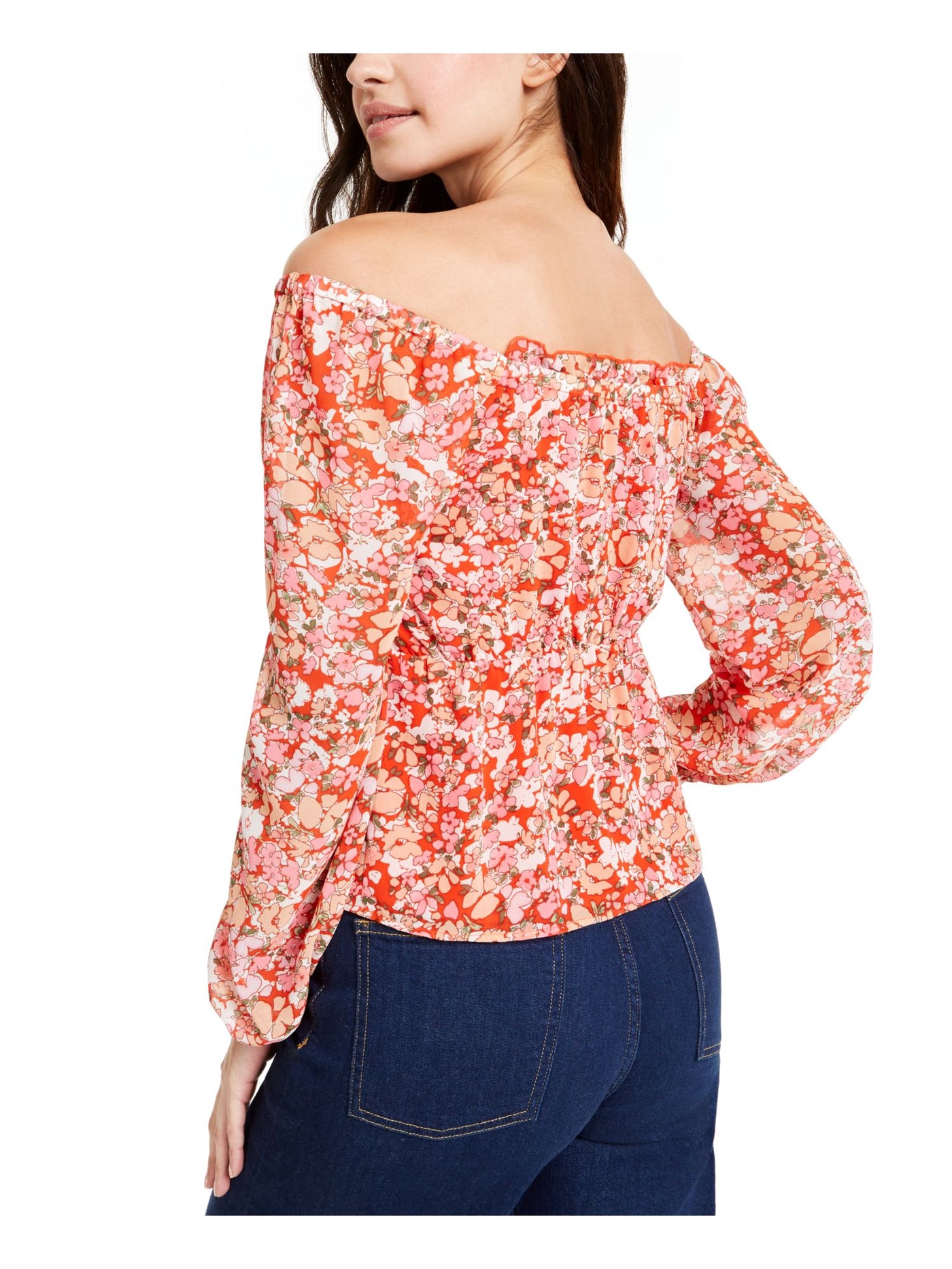 Q+A Los Angeles Womens Red Ruffled Tie Floral Long Sleeve Off Shoulder Top XS