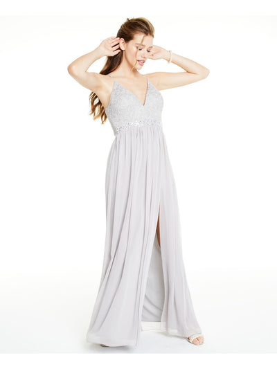 EMERALD SUNDAE Womens Gray Embellished Lace Printed Spaghetti Strap V Neck Full-Length Formal Mermaid Dress Juniors XS
