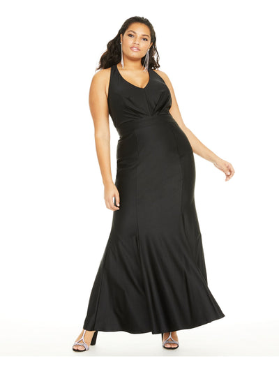 CITY STUDIO Womens Black Pleated Zippered Sleeveless V Neck Full-Length Formal Body Con Dress Plus 14W