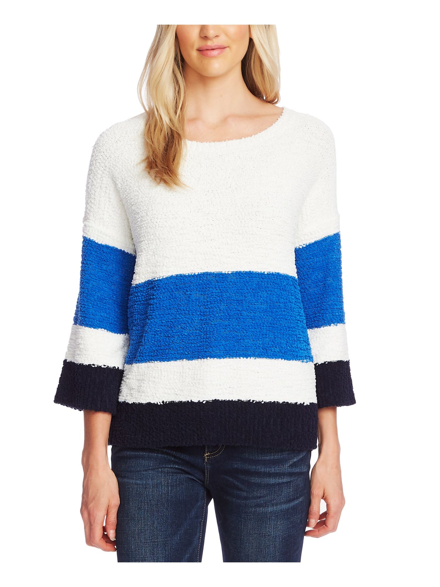 VINCE CAMUTO Womens White Color Block 3/4 Sleeve Jewel Neck Sweater XS