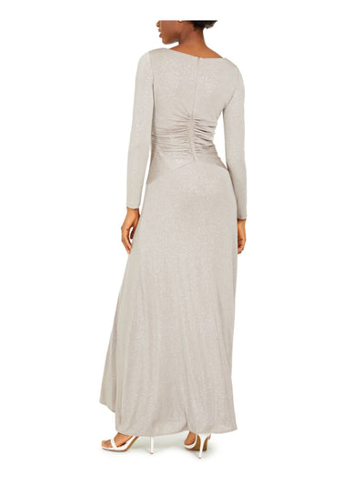 ELIZA J Womens Beige Ruched Slitted Glitter Long Sleeve V Neck Full-Length Evening Dress 2