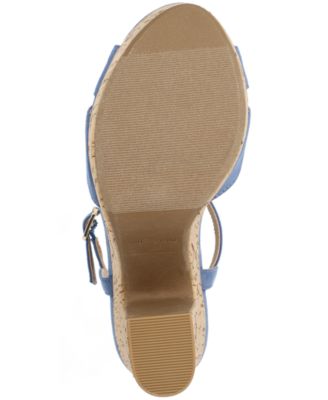 SUN STONE Womens Blue 1" Platform Cushioned Strappy T-Strap Slip Resistant Jamie Round Toe Block Heel Buckle Slingback Sandal M
