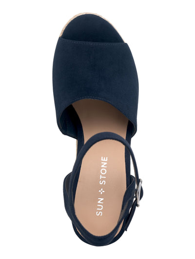 SUN STONE Womens Navy 1" Platform Adjustable Strap Slip Resistant Fey Round Toe Block Heel Buckle Dress Espadrille Shoes 9 M