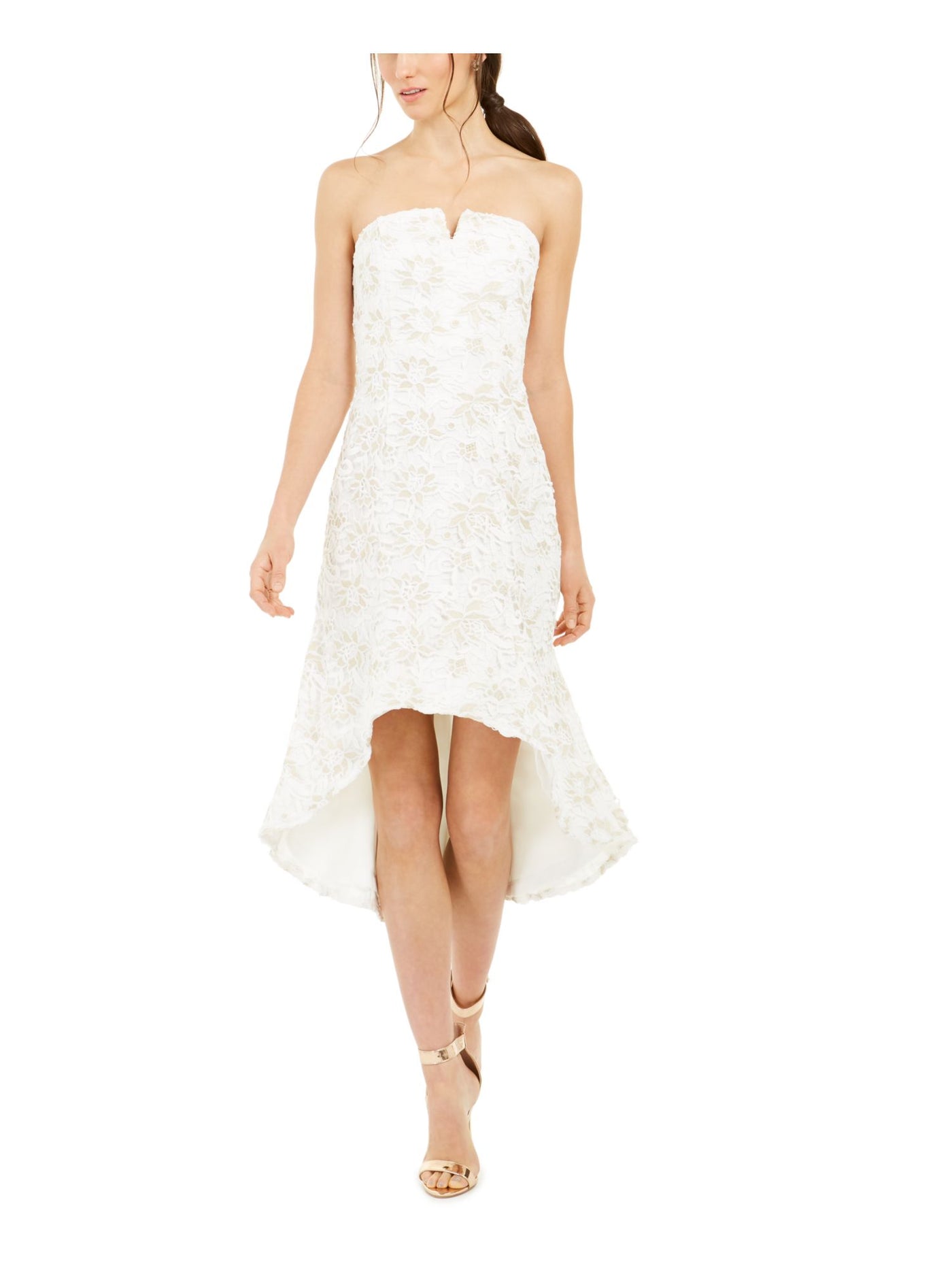 ADRIANNA PAPELL Womens White Zippered Lace Floral Strapless Below The Knee Evening Hi-Lo Dress 4