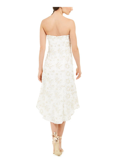 ADRIANNA PAPELL Womens White Zippered Lace Floral Strapless Below The Knee Evening Hi-Lo Dress 4