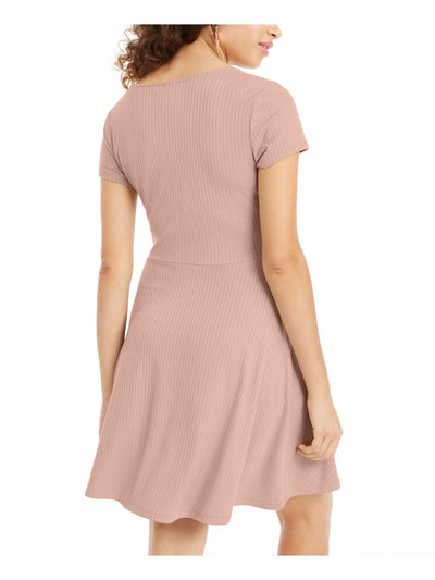 PLANET GOLD Womens Pink Stretch Ribbed Cut Out Tie Neck Detail Short Sleeve Scoop Neck Short Fit + Flare Dress Juniors XXS
