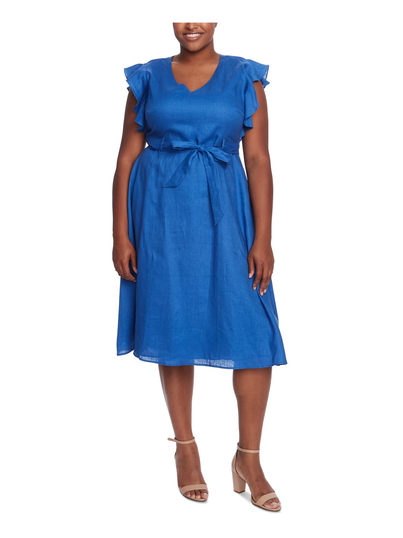 CECE Womens Blue Zippered Belted Tie Lined Flutter Sleeve V Neck Midi Wear To Work Fit + Flare Dress Plus 16W