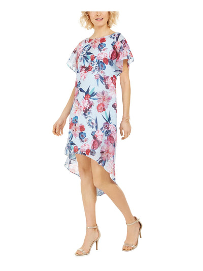 ADRIANNA PAPELL Womens Blue Floral Jewel Neck Tea-Length Hi-Lo Dress Size: XS
