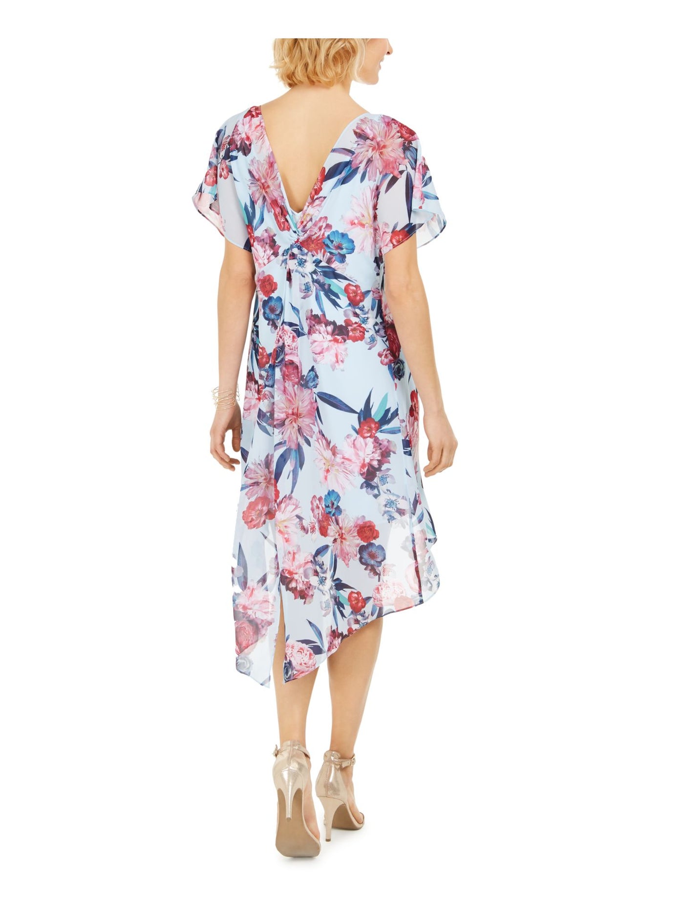 ADRIANNA PAPELL Womens Blue Floral Jewel Neck Tea-Length Hi-Lo Dress Size: S