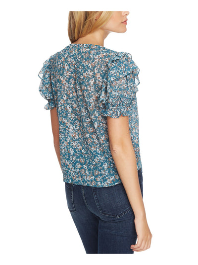 1. STATE Womens Teal Ruffled Sheer Button-up Floral Short Sleeve V Neck Blouse XS
