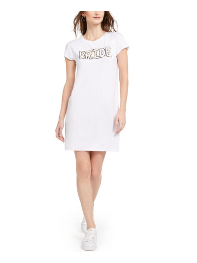 ADRIANNA PAPELL Womens White Logo Graphic Short Sleeve Jewel Neck Short Shift Dress XS