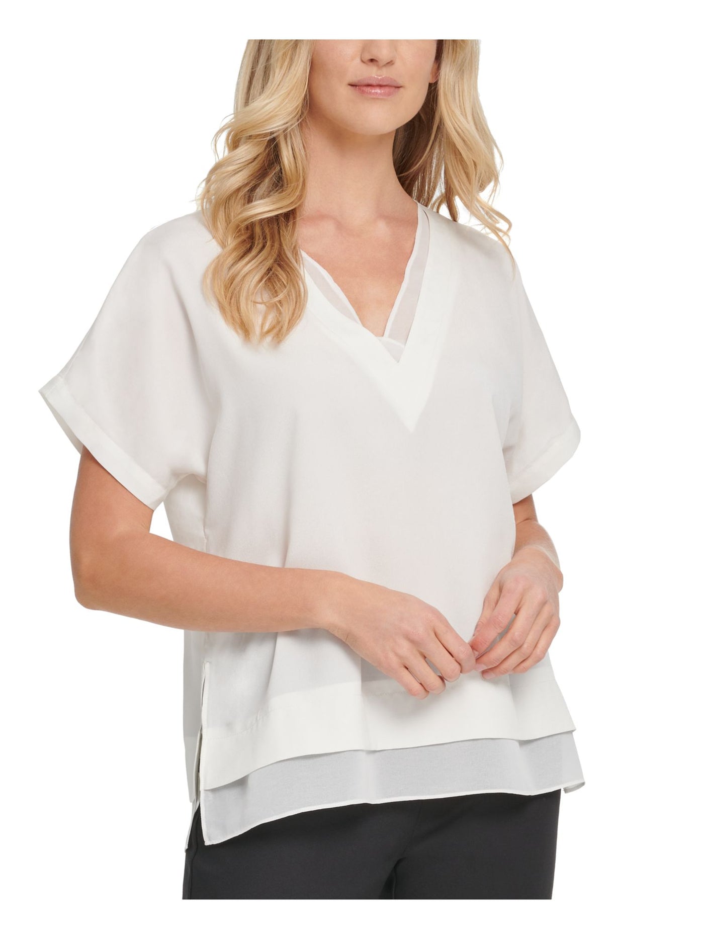 DKNY Womens White Short Sleeve V Neck Wear To Work Top S