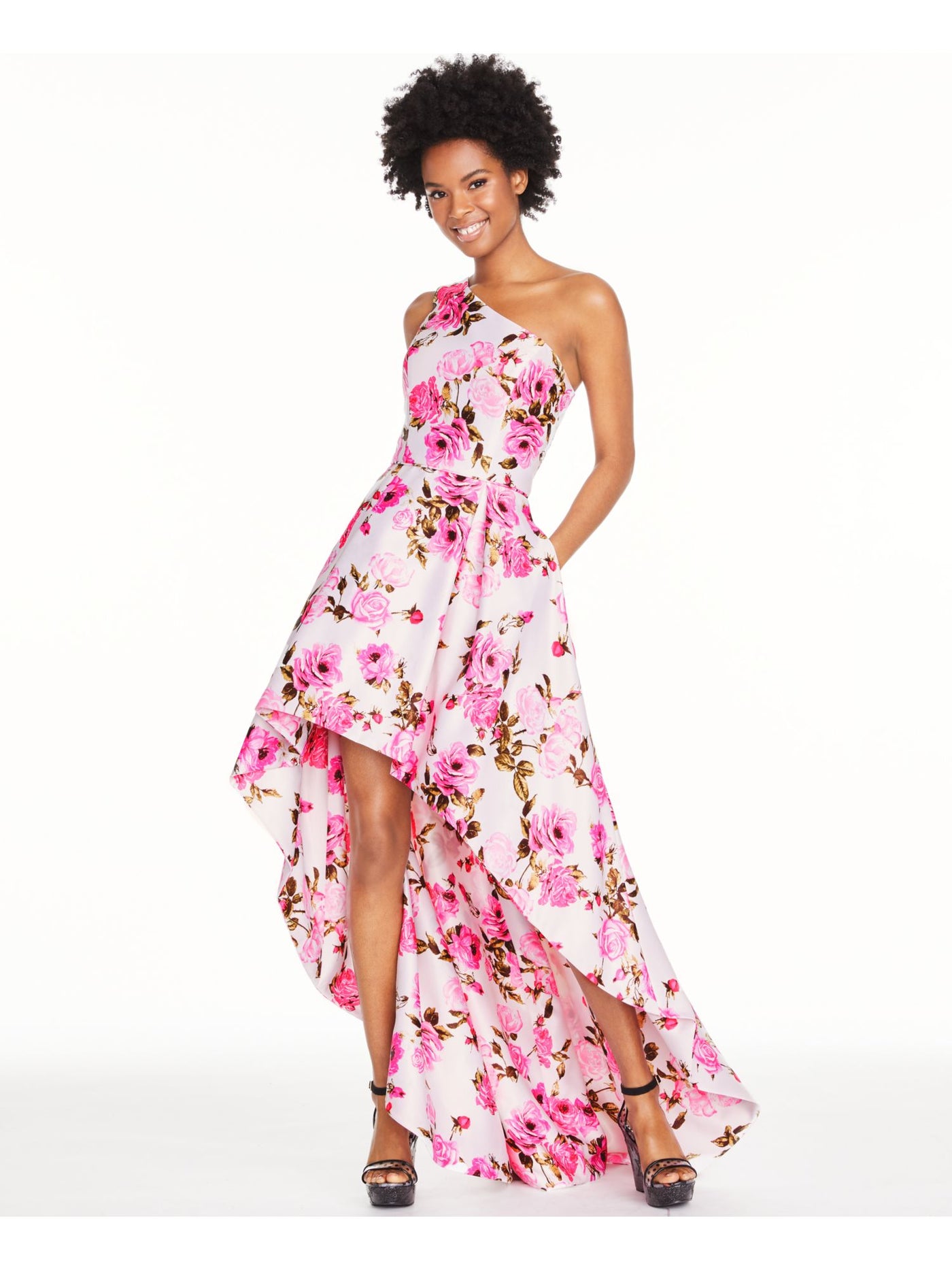 BLONDIE Womens Pink Floral Sleeveless Asymmetrical Neckline Full-Length Prom Hi-Lo Dress Juniors 7