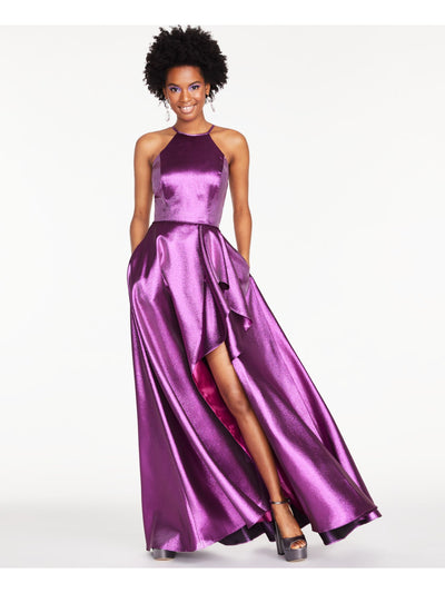 BLONDIE NITES Womens Purple Ruffled Slitted Zippered Sleeveless Halter Maxi Prom Fit + Flare Dress Juniors 0