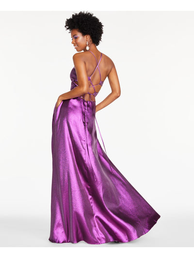 BLONDIE NITES Womens Purple Ruffled Slitted Zippered Sleeveless Halter Maxi Prom Fit + Flare Dress Juniors 0