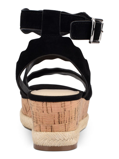 MARC FISHER Womens Black 1" Platform Padded Cork-Like Jute Detailing Scalloped Ankle Strap Fayme Round Toe Wedge Buckle Leather Slingback Sandal 11 M