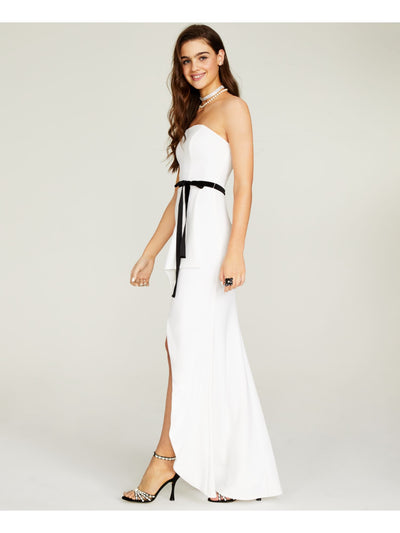 B DARLIN Womens White Slitted Belted Zippered Sleeveless Strapless Full-Length Party Dress Juniors 15\16