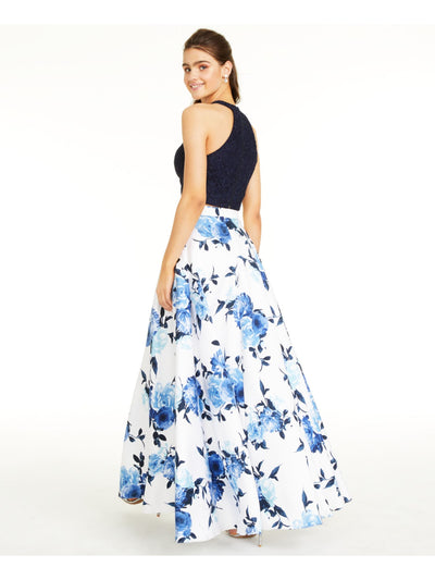 CITY STUDIO Womens Navy Lace Floral Sleeveless Halter Full-Length Formal A-Line Dress Juniors 0