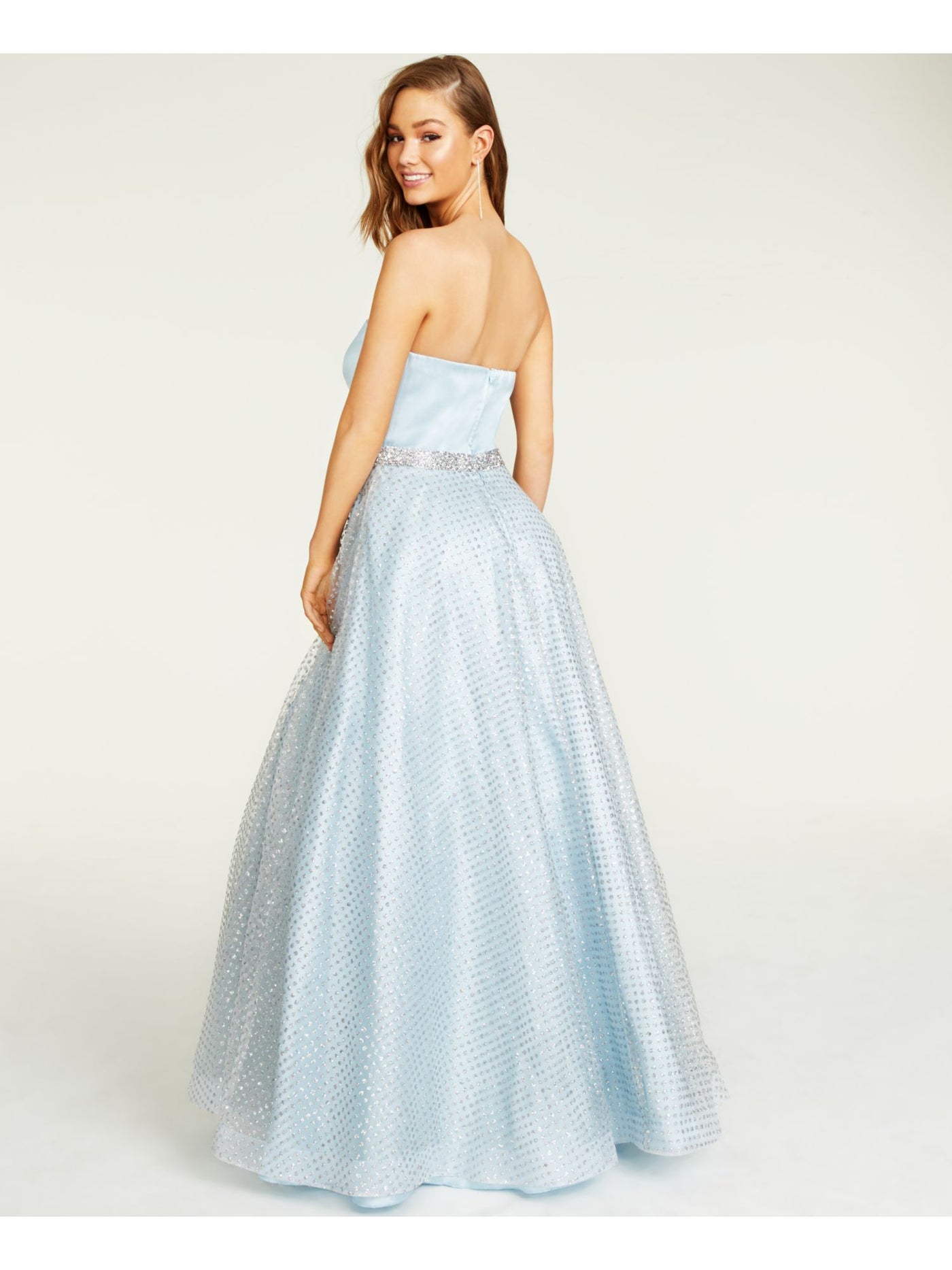 B DARLIN Womens Light Blue Glitter Overlay Sleeveless Full-Length Prom Dress Juniors 13\14
