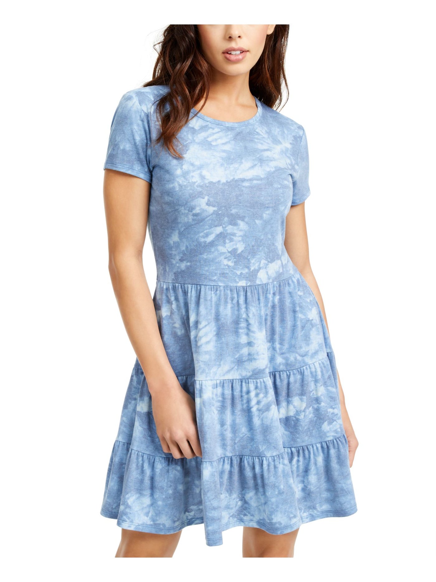 BEBOP Womens Blue Tiered Acid Wash Short Sleeve Above The Knee Fit + Flare Dress Juniors L