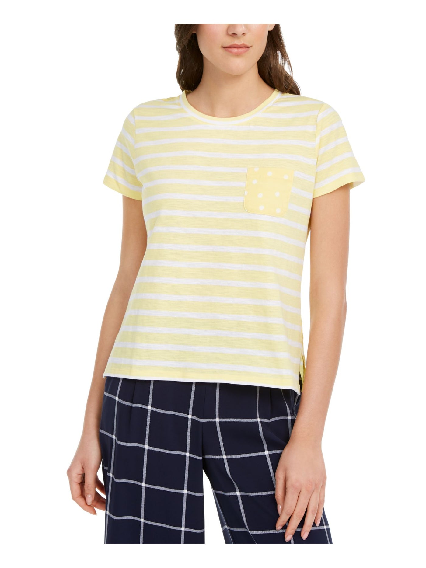 MAISON JULES Womens Yellow Striped Short Sleeve Top Size: XXS