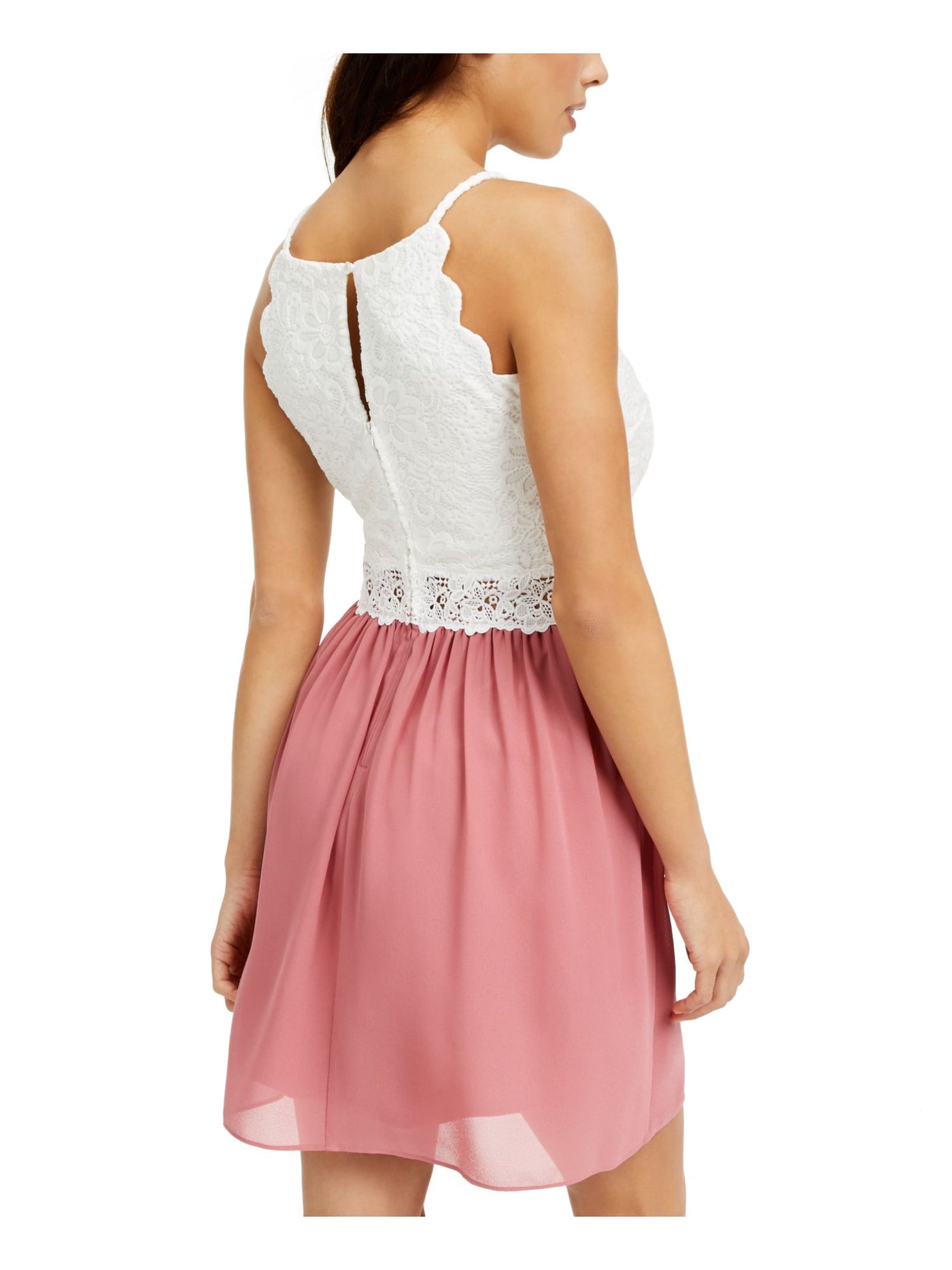 BCX DRESS Womens Pink Lace Scallop Chiffon Sleeveless Halter Short Fit + Flare Dress Juniors 1