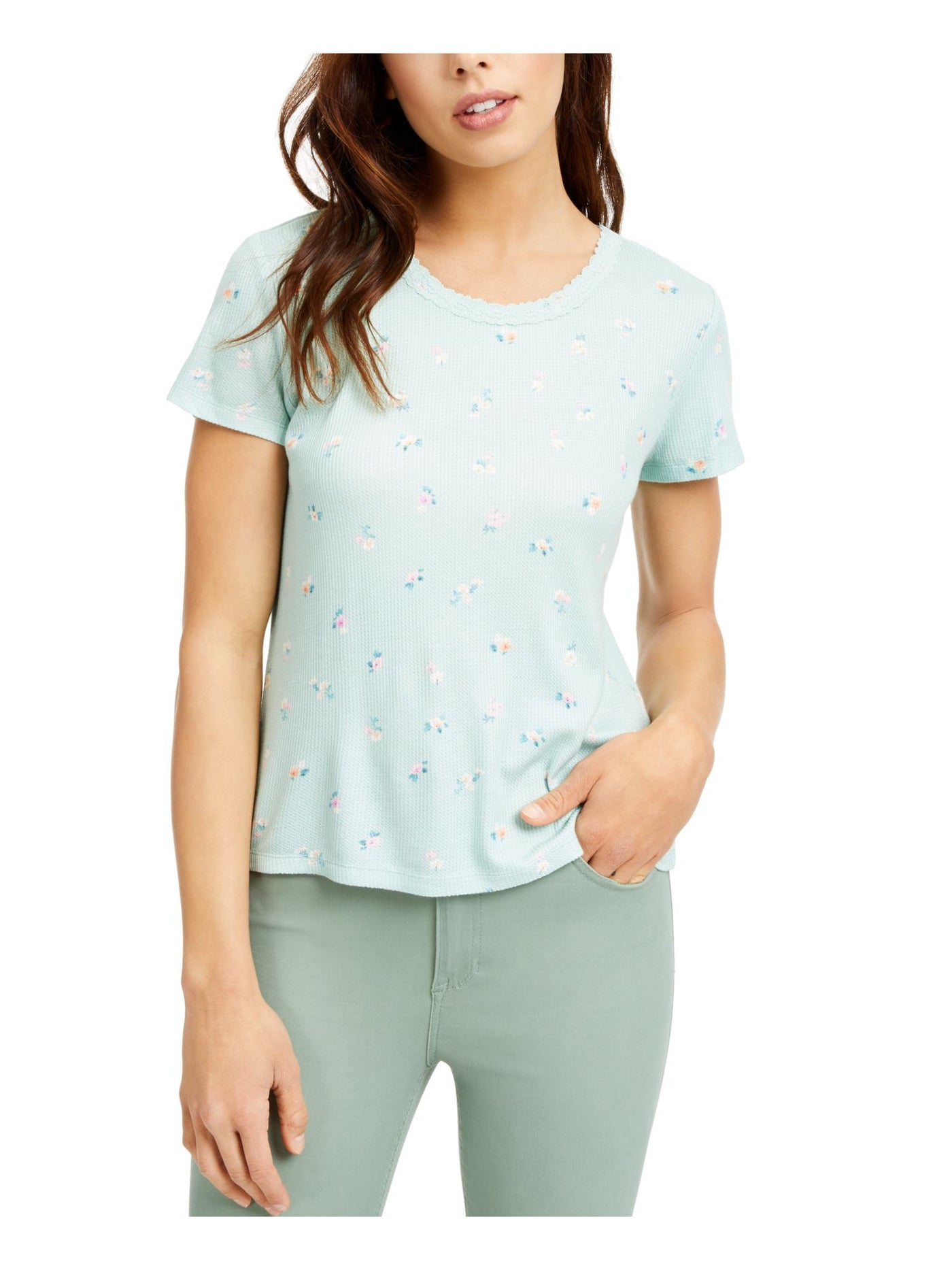 HIPPIE ROSE Womens Green Textured Lace-trim Waffle Color Block Short Sleeve Crew Neck T-Shirt Juniors M