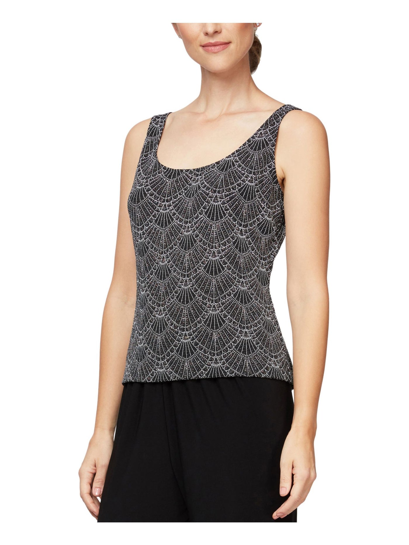 ALEX EVENINGS Womens Black Stretch Glitter Printed Sleeveless Scoop Neck Party Tank Top S